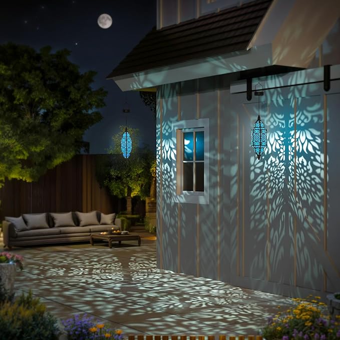 Twinkya 2 Pack Hanging Solar Lights Outdoor Garden Decorative Solar Lantern Waterproof Metal Moroccan Outdoor Decorations for Patio Pathway Yard Porch Backyard Garden Decor (Black, 2 Pack)