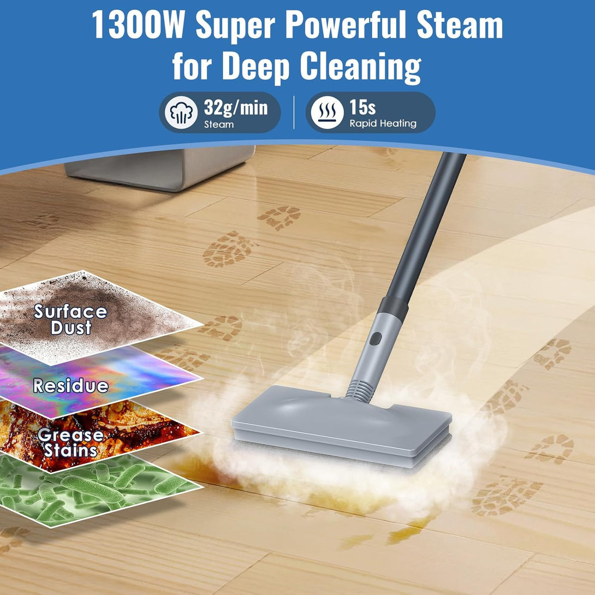 FEPPO Steam Mop & Handheld Steam Cleaner for Home and Floor Cleaning, 15s Heat-Up, 230°F Powerful Steamer with 10-in-1 Multi-Purpose Attachments for Floors, Hardwood,Tiles,Grout,Windows,Kitchen,Bath