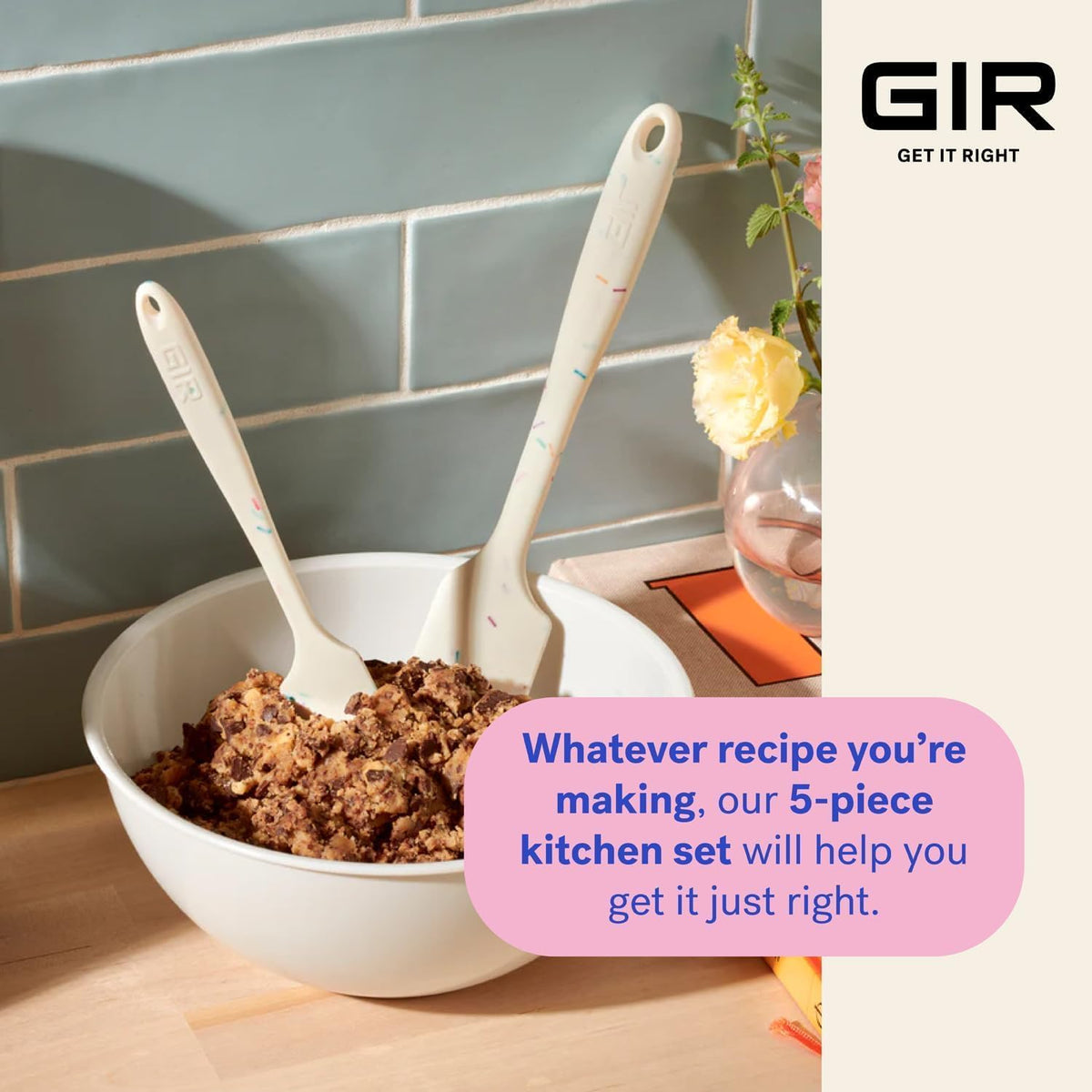 GIR: Get It Right 5 Piece Silicone Cooking Utensils Set - Ladle, Spatula, Flip, Spoon & Spoonula, Non-Stick, Heat Resistant, Dishwasher Safe