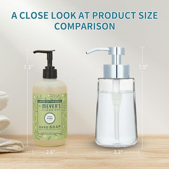 Soap Dispenser, Clear Glass Soap Dispenser with Rust Proof Pump, 16oz Liquid Soap Pump with Waterproof Labels, Dish & Hand Soap for Bathroom, Kitchen, Chrome Pump, Pack of 2