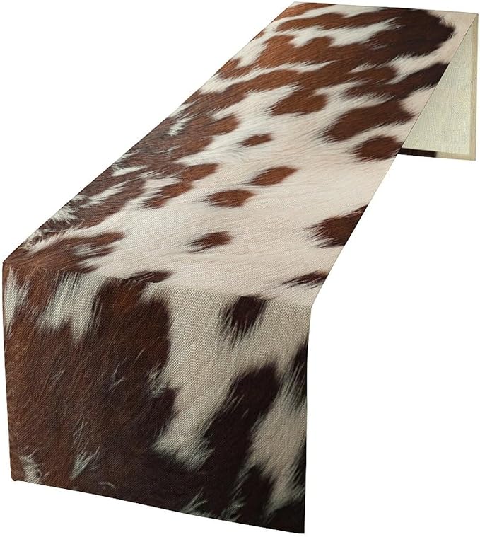 Cow Print Table Runner, Western White Brown Cowhide Rustic Coffee Table Runner for Home Kitchen Dining Room Farmhouse 13x108in