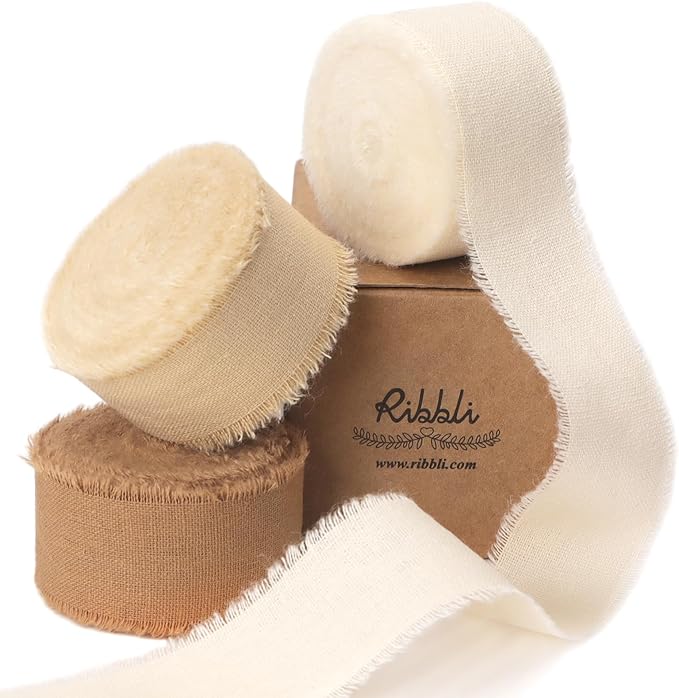 Ribbli 3 Rolls Beige Ribbon 1 Inch x 18 Yards Ivory Nude Khaki Handmade Cotton Frayed Fringe Ribbons for Gift Wrapping Wedding Invites Bridal Bouquets Baby Shower DIY Crafts Home Decor