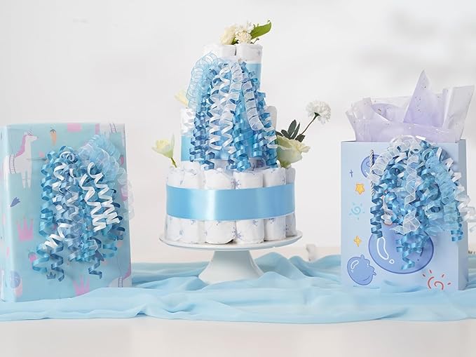 HUIHUANG Blue Bows for Gift Wrapping Blue and White Curly Bows with Self Adhesive & Twist Tie, 7 inch Gift Bow for Presents, Gift Basket, Baby Shower, Christmas Decor, Party Favors- 6 Counts