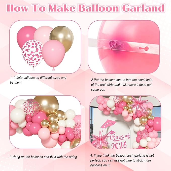 Ouddy Life 142pcs Pink Balloon Garland Arch Kit, Pink and Gold White Balloons with Graduation Decorations Class of 2026 Confetti Star Foil for College Birthday Congrats Grad Baby Shower Wedding Party