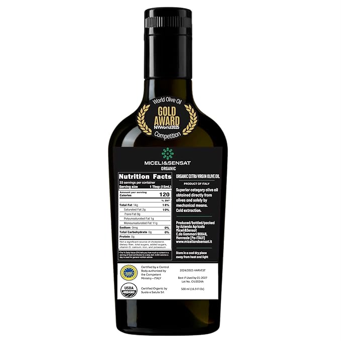 Fruity Medium Organic 500+ mg/kg Polyphenols Rich Italian Extra Virgin Olive Oil from Italy, 2025 Gold Award, High Antioxidants Peppery Finish