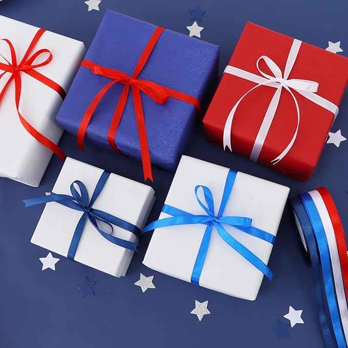 TONIFUL 4 Rolls 100 Yards Patriotic Ribbons, 3/8 Inch Wide Blue Red White 4th of July Satin Ribbons for Gift Wrapping, Independence Day Crafts, Patriotic Party Decorations