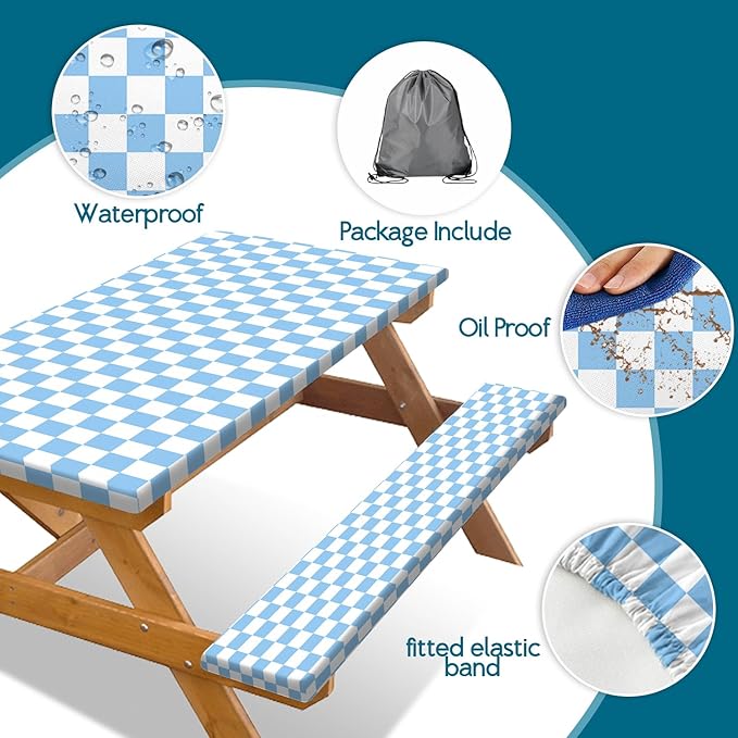 Picnic Table Cover with Bench Covers and Bag, Blue and White Checkered Gingham Buffalo Plaid Camping Tablecloth Waterproof Windproof Elastic Edges Fitted Tablecloths for Outdoor Garden 3PCS 30x96 Inch