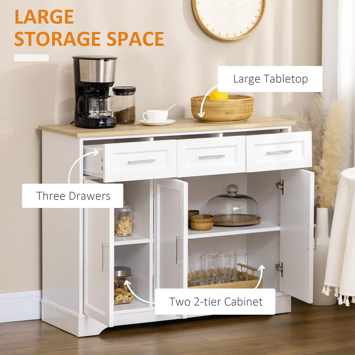 Homcom Sideboard Buffet Cabinet with 3 Storage Drawers, Kitchen Cabinet, Coffee Bar, with Adjustable Shelf for Living Room, White