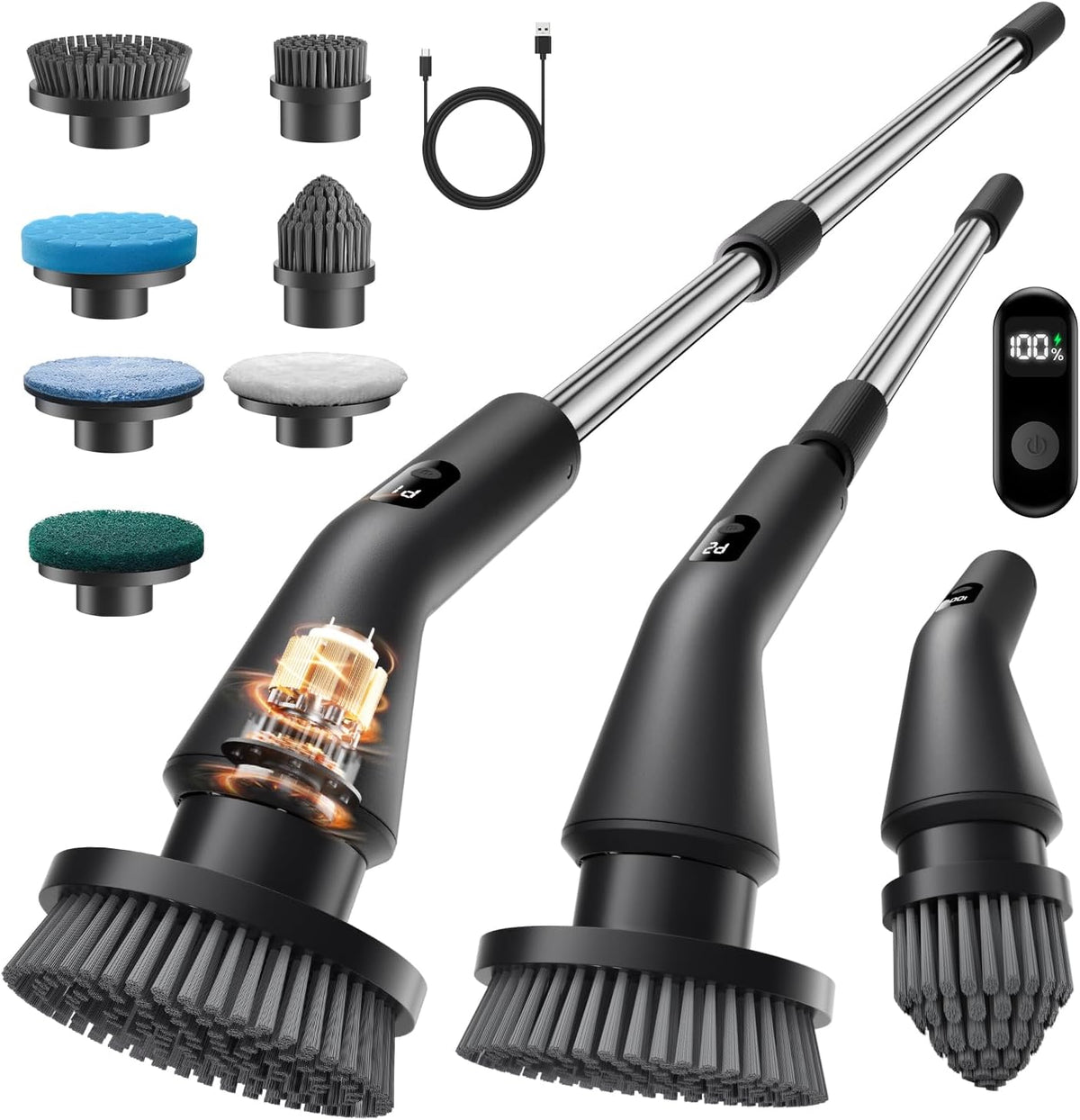 Electric Spin Scrubber, 2025 New Cordless Cleaning Brush for Home, IPX7 Waterproof Spin Scrubber with 7 Brush Heads, Adjustable Long Handle and 2 Rotating Speeds for Bathroom Tub Floor