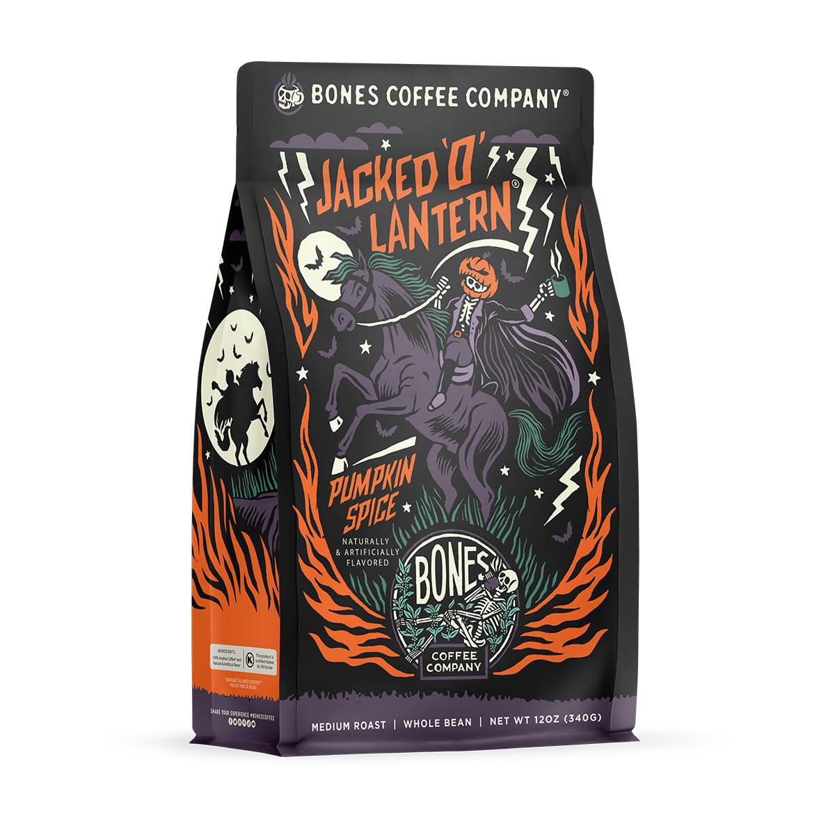 Bones Coffee Company Jacked 'O' Lantern, Pumpkin Spice Flavored Coffee, Medium Roast Low Acid Arabica Beans Compatible with Auto drip and French Press Coffee Maker, 12 Oz Ground