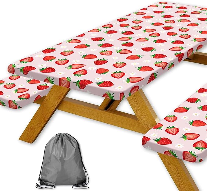 Strawberry Picnic Table Cover with Bench Covers and Bag, Camping Essentials, Berry Waterproof Windproof, Fitted Tablecloth Cover with Elastic Edge for Outdoor Garden 3 PCS 30x60 Inch