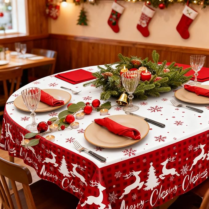 Winter Christmas Tablecloths - 2-Pack, Winter Themed with Reindeer and Snowflakes, Disposable Plastic Tablecloths 54" x 108", Ideal for Indoor and Outdoor Christmas Party Decorations
