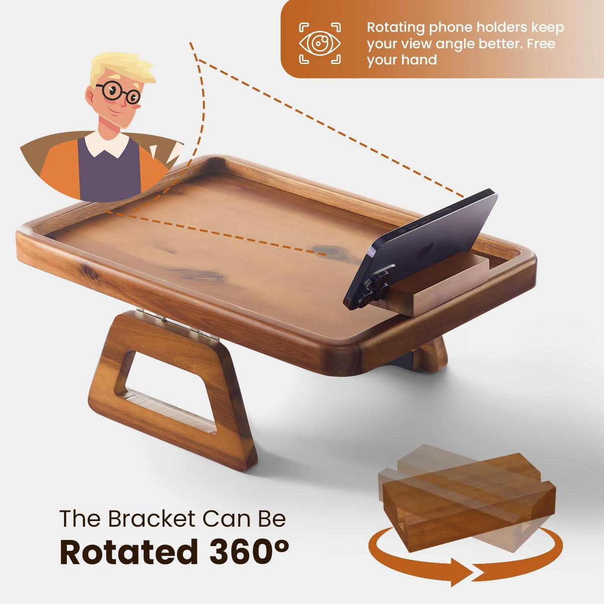 Tinamo 15.7" x 11" Large Couch Arm Table with 360 Rotating Phone Holder - Sofa Arm Clip Table for Living Room - Sofa Armrest Tray Wide Couches