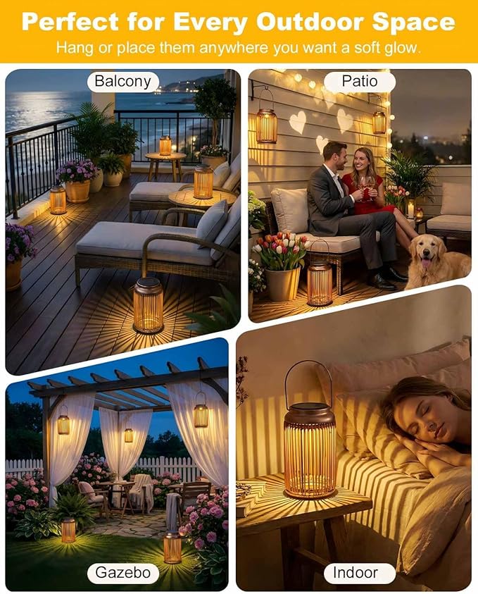 Solar Lanterns Outdoor Waterproof, 2 Pack Hanging Rattan Solar Lights with Hummingbird Projection, Garden Decor for Yard Patio Porch, Gifts for Women Mom Grandma