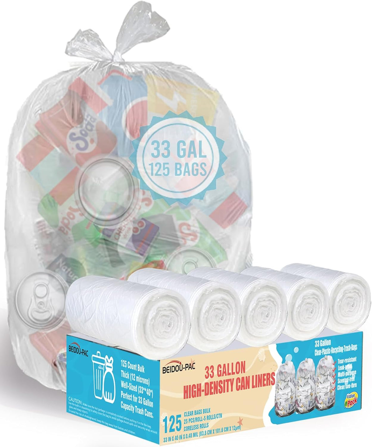 33 Gallon Trash Bags, 125 Count Bulk, Heavy Duty Clear Plastic Recycling Bags, Multi-purpose Garbage Bags for Home Commercial, Outdoor, Construction, Industrial, Lawn, Leaf