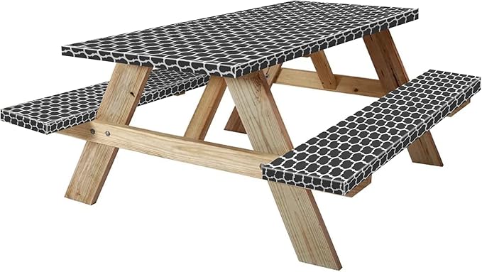 7ft Picnic Table and Bench Cover, Camping Essentials RV Gear, 84 in Waterproof Windproof Outdoor Elastic All Around Tablecloth, Fitted Rectangle Tables and Seats, Black-White Moroccan