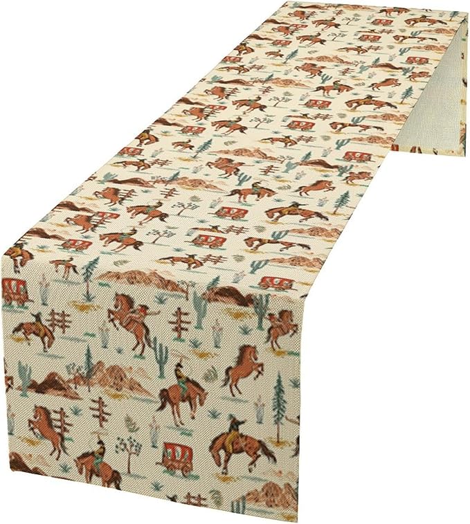 Western Cowboy Table Runner,Vintage Farmhouse Country Cowboy Horse Cactus Desert Print Table Runner for Kitchen Dining Table Holiday Home Party Decor 13x60in