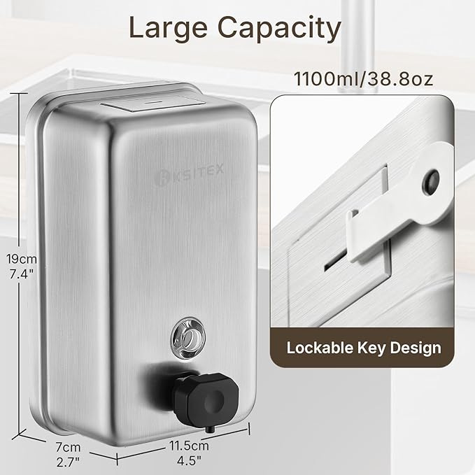 Stainless Steel Soap Dispenser Wall Mounted, 37oz Commercial Hand Soap Dsipenser, Manual Anti-Leak Pump Liquid Soap Dispenser, Rust-Proof Lining Hand Sanitizer Lotion Dispenser for Bathroom