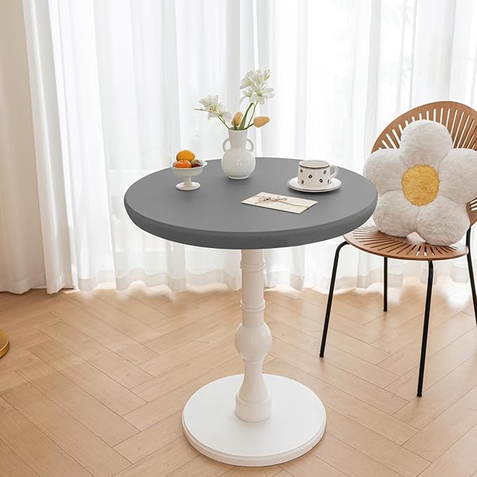 Round Fitted PU Tablecloth with High Elastic Edge 47 Inch Dia Waterproof Oil Proof Table Cloth Anti-Scald Stain-Resistant Wipeable Table Cover for Indoor Outdoor Picnic (Light Grey,47" Dia)