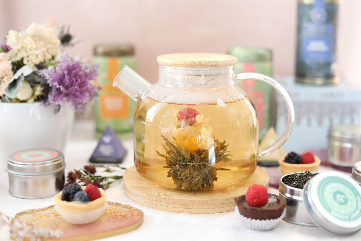 Teabloom Stovetop Safe Glass Teapot with Bamboo Lid (40oz/1200ml) + Loose Leaf Tea Filter Spout + 2 Blooming Teas + Large Bamboo Trivet