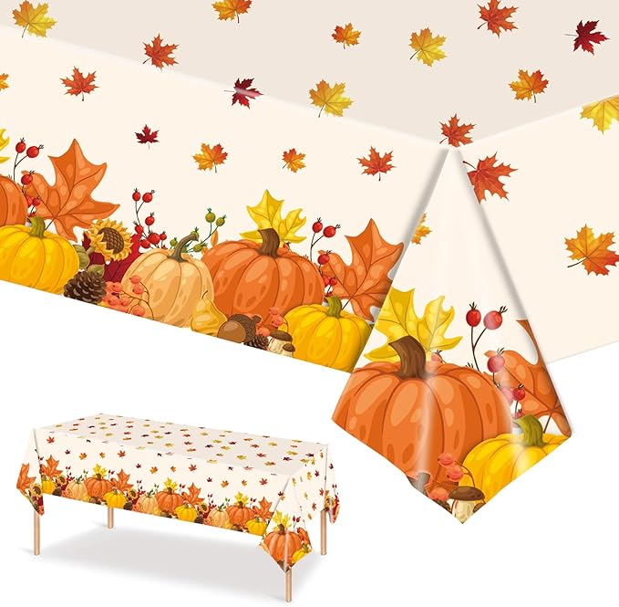 Fall Thanksgiving Plastic Tablecloths - 2 Pack Autumn Themed Pumpkins and Maple Leaves, 54" x 108" Disposable Tablecloths for Fall Thanksgiving Harvest Party Decorations