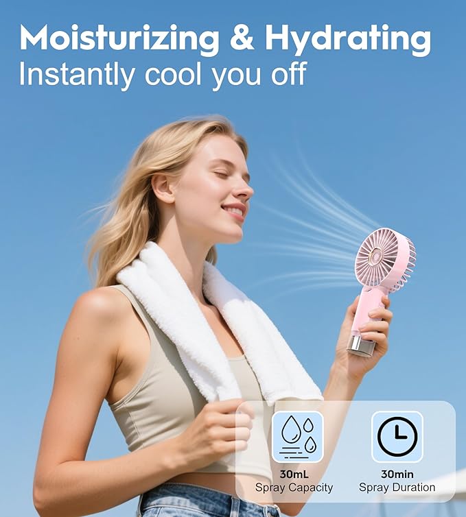 Mini Handheld Misting Fan, Small and Powerful, 3 Speed Portable Fan Lightweight USB-C Rechargeable Spray Water Mist for Makeup Stylish Girl Women Travel Indoor Outdoor Pink (Pink)