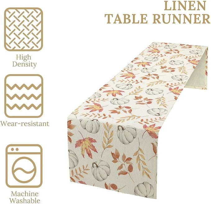 Autumn Pumpkin Table Runner, Watercolor Fall Maple Leaves Pumpkins Harvest Thanksgiving Table Runner for Holiday Dining Room Kitchen Table Party Decor, 13x36inch