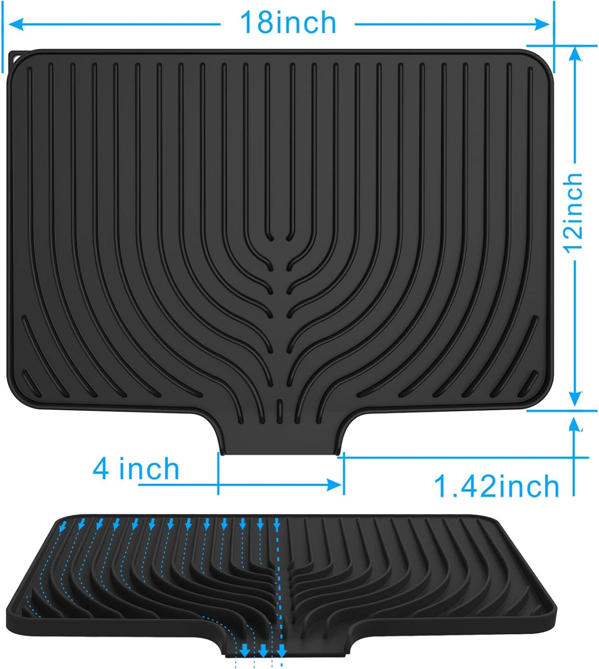 Dish Drying Matt for Kitchen Counter,18"×12"Silicone Dry Rack Mat with Built in Drain, Kitchen Dry Mats for Dishes Drying Pad for Counter(black)