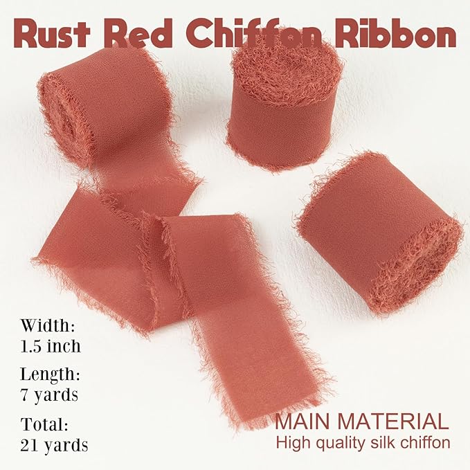 Rust Chiffon Ribbon - 1.5 Inch x 21 Yards, Handmade Fringe, Silk, Boho Frayed, Perfect for Gift Wrapping, Wedding Invitations, Bridal Flower Bouquets