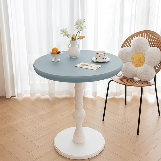 Round Fitted PU Tablecloth with High Elastic Edge 43 Inch Dia Waterproof Oil Proof Table Cloth Anti-Scald Stain-Resistant Wipeable Table Cover for Indoor Outdoor Picnic (Blue,43" Dia)