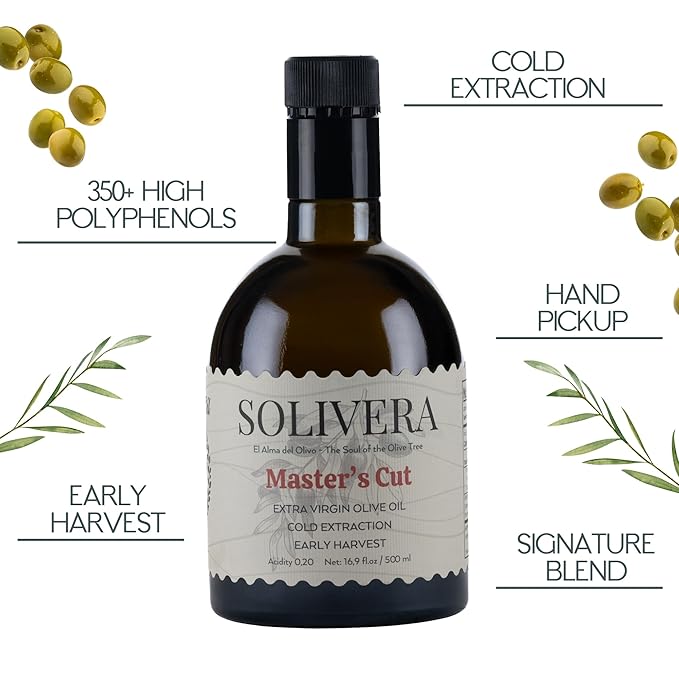 Solivera Master’s Cut Extra Virgin Olive Oil, Signature Early Harvest Blend for Dipping & Finishing, 350 mg/kg High in Polyphenols Evoo