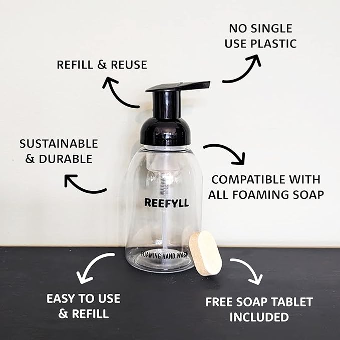 Foaming Soap Dispenser Starter Pack with Refillable Bottle 250ml and Hand Soap Tablet x1 for Bathroom Kitchen Countertop Refillable Foam Soap with Tropical Coconut Scent
