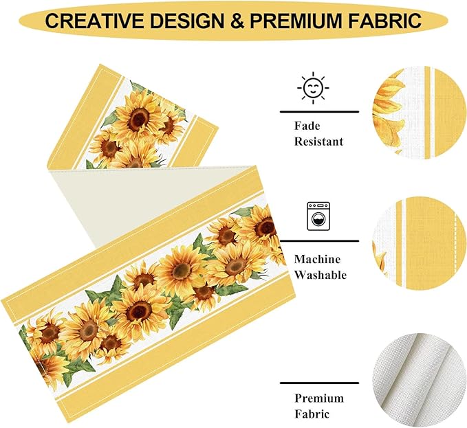 Yellow Sunflower Table Runner, Rustic Farmhouse Summer Sunshine Boho Floral Bee Rural Cottage Watercolor Decorations Table Decor for Home Kitchen Dining Patio Indoor Outdoor Cafe, 13"x72" Inch