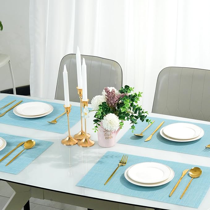 Placemats Set of 6，Non-Slip PVC Weave Table Mats Easy to Clean，Heat Resistant Place Mats for Kitchen Dining Table Decoration Indoor Outdoor，Blue