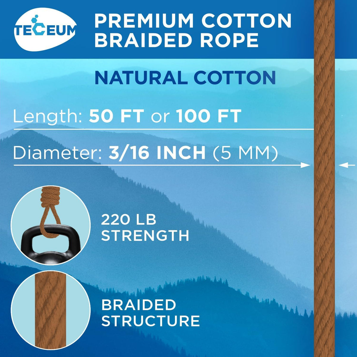 TECEUM Cotton Rope 3/16” (5 mm) – 50 FT – Strong All-Purpose Braided Rope – Natural Cotton – for Crafting, Сamping, Clothes Line, DIY, Indoor & Outdoor Use – Ochre