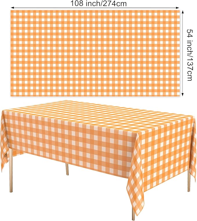 Remagr 3 Pcs Orange and White Checkered Table Cloth 54 x 108 Inch Disposable Buffalo Plaid Plastic Table Cloth Waterproof Rectangle Gingham Tablecover for Picnic, Dining, Birthday Party Decor