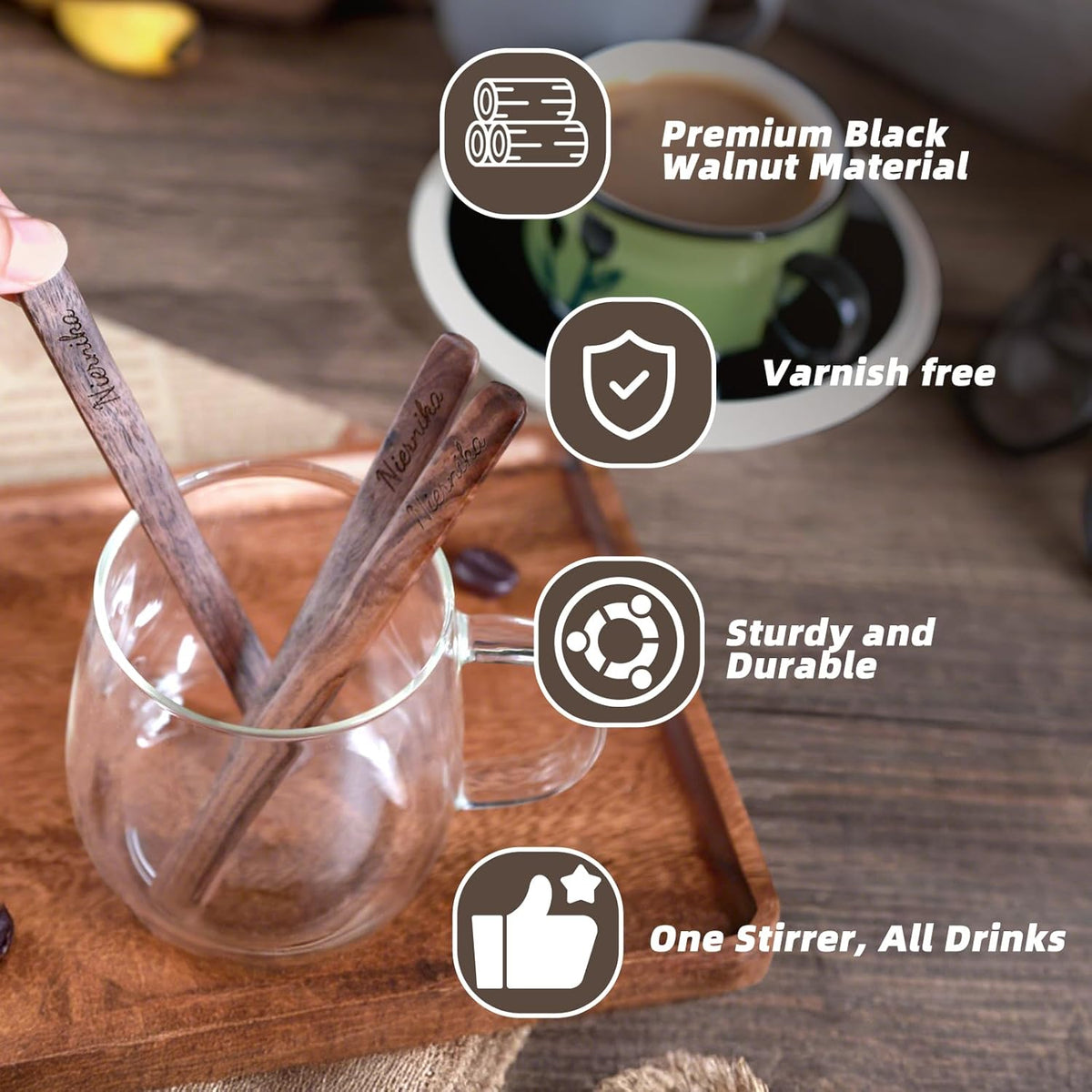 Solid Black Walnut Wood 3Pcs 6" Coffee Stirrers, Reusable & Multifunctional for Hot/Cold Beverages (Coffee, Milk, Oatmeal), Cooking & Crafts (jam