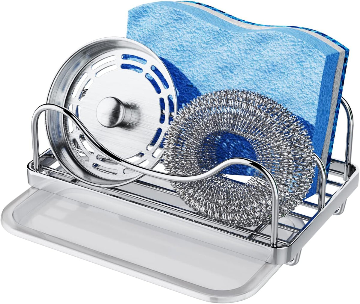 Consumest Sponge Holder for Kitchen Sink - Movable Sink Caddy for Countertop Organizer, 304 Stainless Steel Sponge Holder with Detachable Drip Tray for Kitchen Accessories-Silver