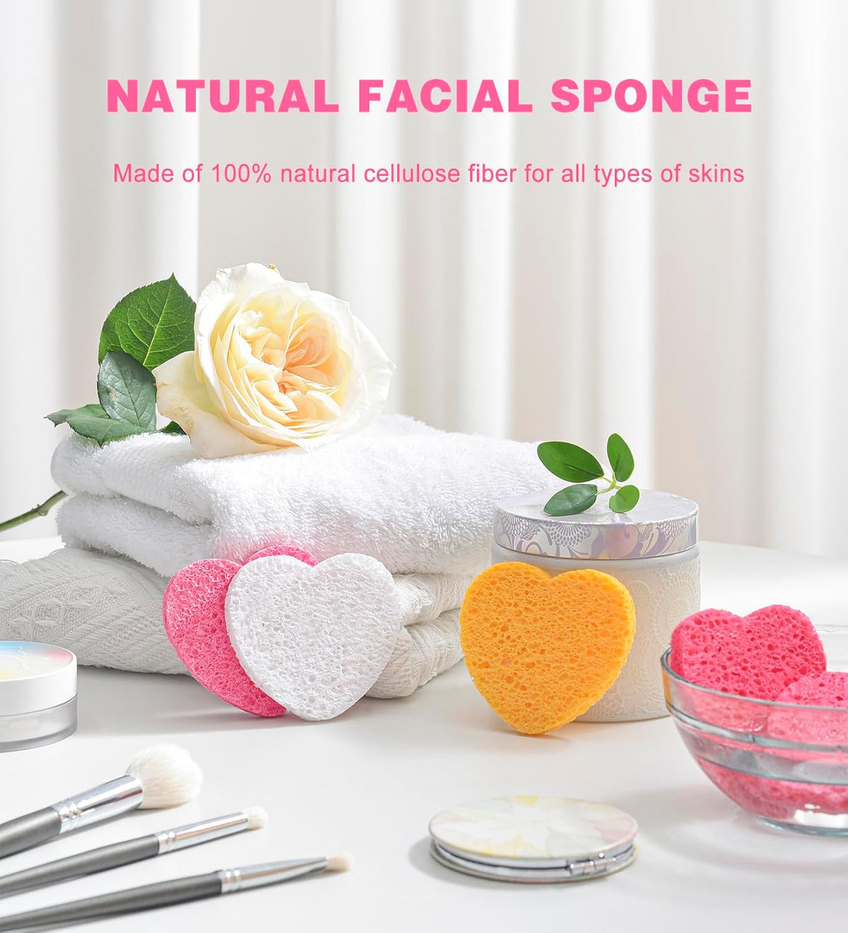 50-Count Compressed Facial Sponges for Estheticians- 100% Natural Cellulose Face Sponge Spa Sponges for Face Cleansing, Massage, Pore Exfoliating, Mask, Makeup Removal (Love-Pink)