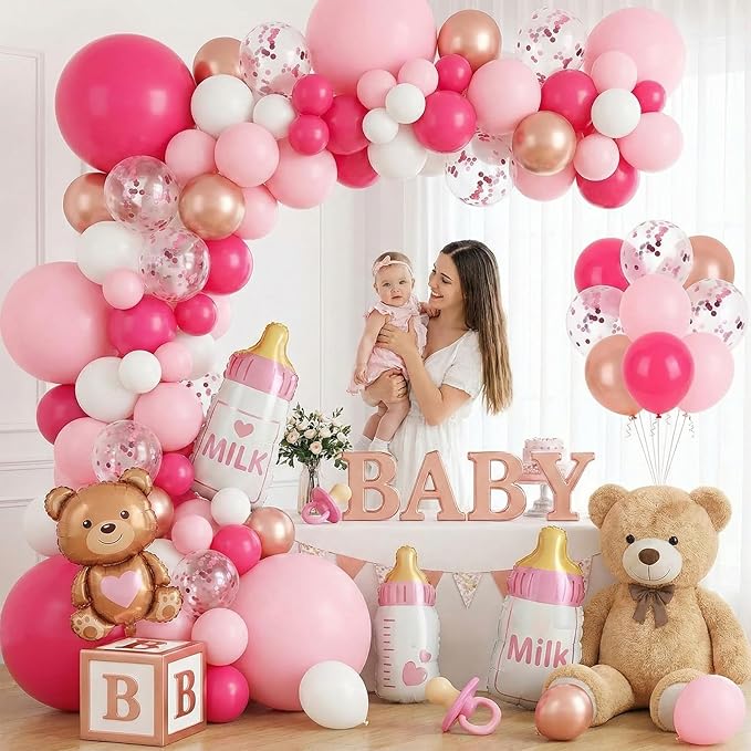 LovesTown 150 PCS Pink Rose Gold White Balloons Different Size of 18 12 10 5 Inch, Pink Confetti Balloons with Ribbons for Confession Proposal Wedding Girls Birthday Baby Shower Party Decorations