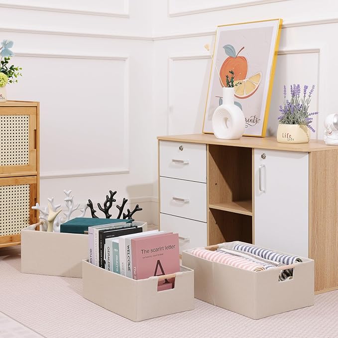 ANMINY 2PCS Storage Baskets for Organizing Collapsible Fabric Storage Bins Boxes with Wood Handles Closet Shelves Cube Organizer Bins Clothes Laundry Storage Container - Medium, Beige