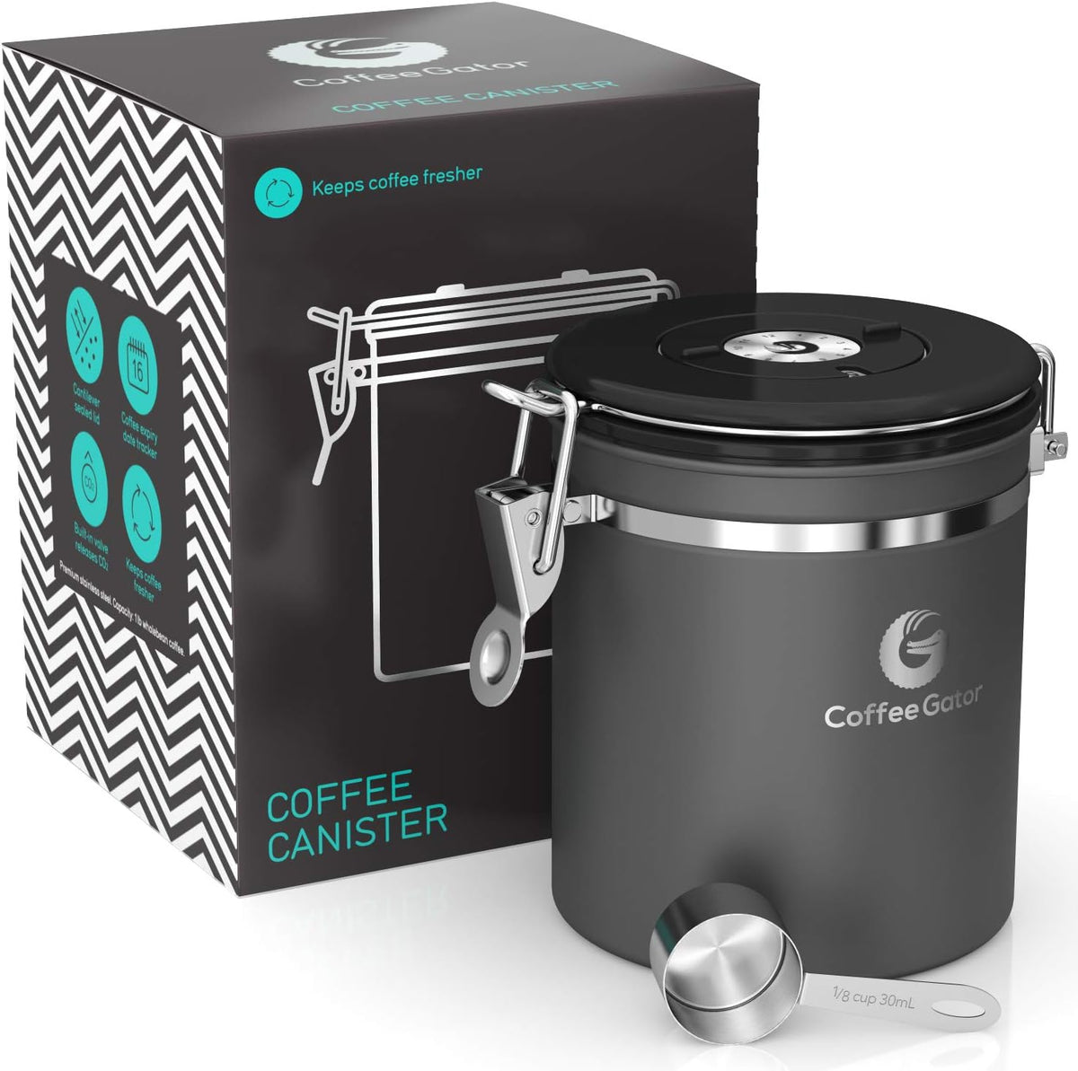 Coffee Gator Coffee Canister, 16oz Airtight Containers &amp; Travel Jar | w/ Date Tracker, Scoop, Valve Kitchen Food Storage Jars for Beans, Ground, Rice, Tea, Sugar, Cookie, Bar Accessories, Gray