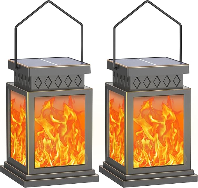 2 Pack Farmhouse Solar Lanterns ,Flame Glass Solar Lanterns ,Outdoor Waterproof Upgraded Solar and 2 AA Batteries Powered, for Mantelpiece,Outside Porch, Patio and Indoor Tables.