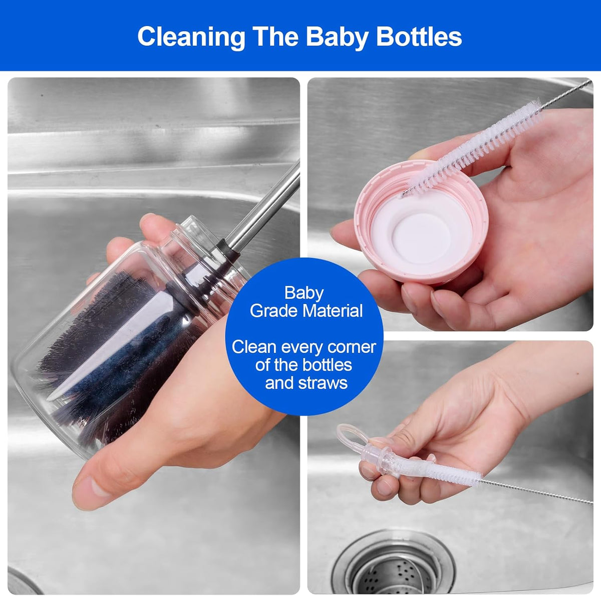 Bottle Brush, Long Stainless Steel Handle Water Bottle Brush Cleaner, Sports Bottle Scrubber, Kitchen Scrub Cleaning Brushes for Beer Bottles, Cups