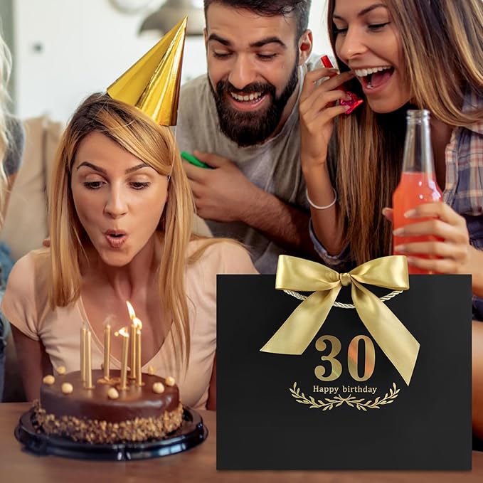 JMANNI Black Gold 30th Birthday Gift Bag with Card and Tissue Paper, 12.6"×9.84"×3.9" Elegant Present Bag for Adults, 30 Year Old Birthday Keepsake Party Supplies