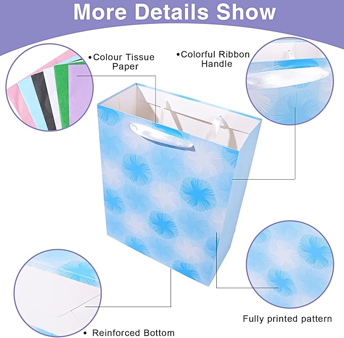 12 Pack Gift Bags Assorted Sizes and Designs, Gift Bags Bulk with Tissue Paper (5 Medium 8", 4 Large 11", 3 Extra Large 14") for Birthday, Baby Showers, Bridal Showers, Easter Day Any Occasion