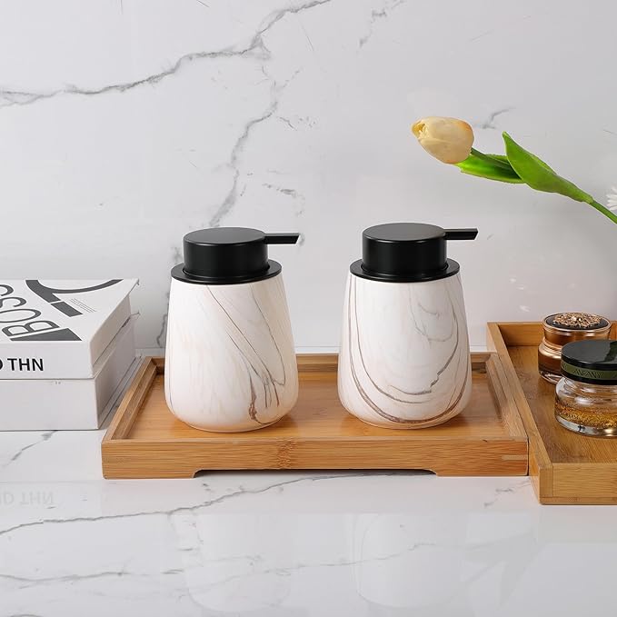 12Oz Foam Hand Soap Dispenser - Modern Ceramic Foaming Soap Dispenser with Easy-to-Press Pump, Reusable and Refillable Liquid Dish Soap Dispensers for Bathroom & Kitchen, Marble Brown