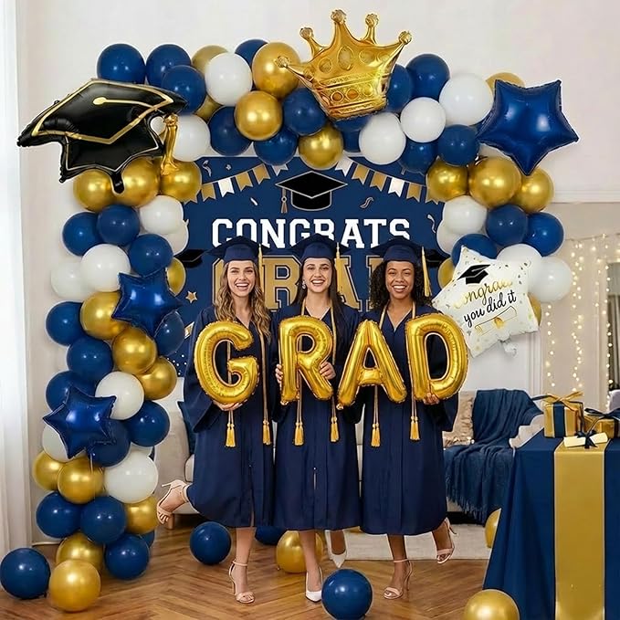 Navy blue White Gold Balloon Garland Arch Kit with backdrop Stars Graduation Cap crown GRAD Letters Mylar Balloons for 2026 graduate Prom Decorations
