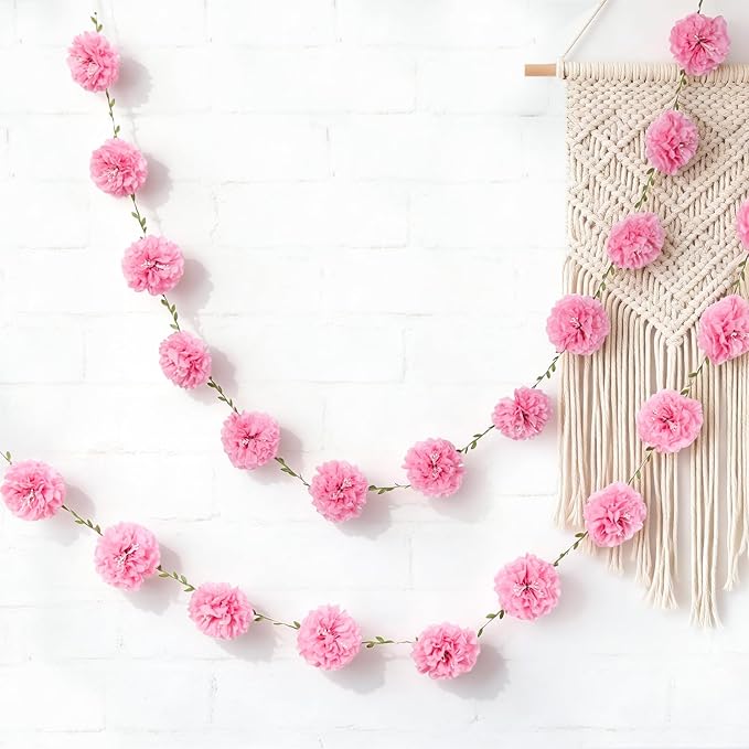 Pink Tissue Paper Flowers Pom Pom Spring Garland （2PCS） Hanging Decor Pink Party Decorations for Women Girls Birthday Bachelorette Baby Shower Wedding Party Supplies