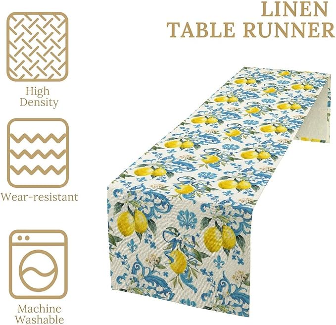 Lemon Flower Table Runner, Summer Fruit Sicilian Style Table Runner for Indoor Outdoor Kitchen Home Party Holiday Dining Table 13x70in